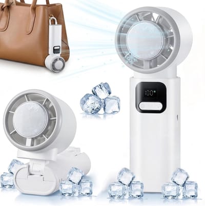 Wit Draagbare Turbo Ventilator met Ijskoeling | 15000 RPM Krachtige Luchtstroom | 1-100 Snelheden LED Display | 90° Opvouwbaar USB-C Oplaadbaar | Mini Zakventilator voor Reizen Kamperen Kantoor en Buitenactiviteiten| Cyslmuk®