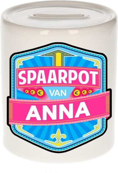 Bellatio Decorations Kinder spaarpot met naam - Anna - keramiek - met dop - wit - Sparen - Spaargeld van Anna