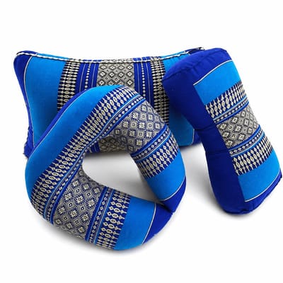Meditatieset 3-delig blauw – hard & stevig kapok – Thaise yogakussens set – bone, nek- en rugkussen – voor yoga, meditatie en ontspanning