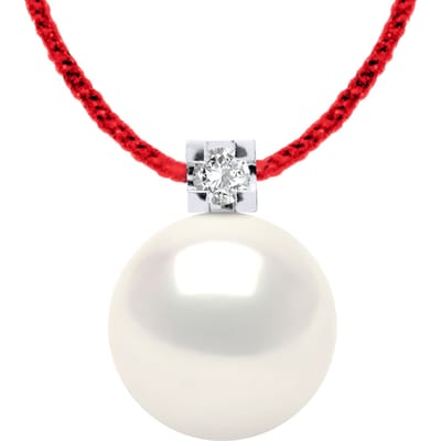 Diamond Necklace Natural 0.030 Cts en Freshwater Pearl Ronde 8-9 mm Link Nylon Red 925