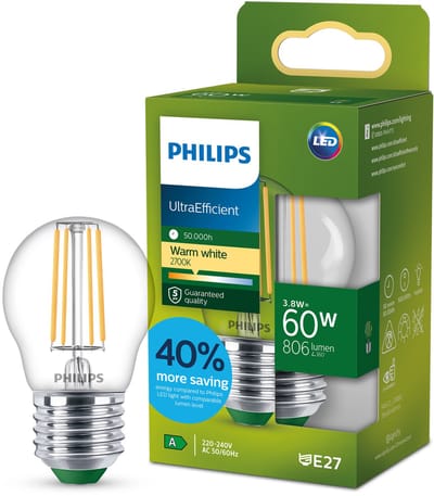 Philips UltraEfficient LED lamp - 60W - E14 fitting - Warmwit licht: 2700K - Helder glas - P45 kogellamp - Lange levensduur