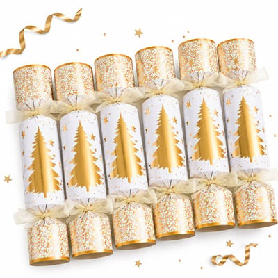 Set van 6 Luxe Christmas Crackers Goud/Wit – Feestelijke Kerstcrackers met Gouden Kerstboom Design – Tafeldecoratie Kerst – Kerstdiner – Kerstfeest – Cadeauverpakking