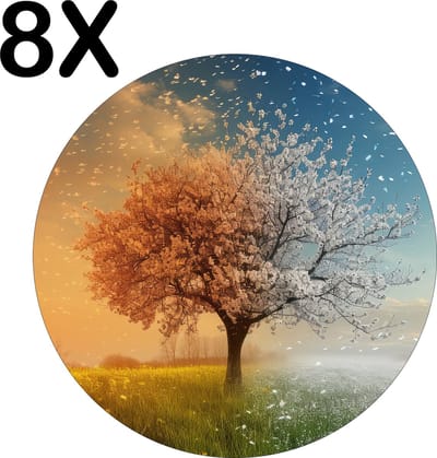 Luxe Ronde Placemat - Boom in Alle Seizoenen - Lente - Zomer - Herfst - Winter - Set van 8 Placemats - 40x40 cm - 2 mm dik Vinyl - Anti Slip - Afneembaar