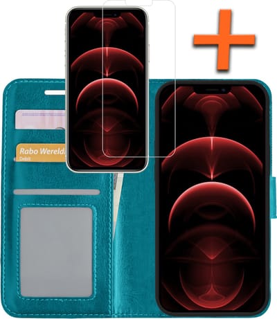 Hoes - Met Screenprotector - Geschikt voor Apple iPhone 14 - Luxe Pasjeshouder - Bookcase Portemonee - Flip Case - Kunstleer Book Case - Flipcase - Book Cover - Walletcase - PortemonneeHoes - Turquoise