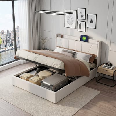 Gestoffeerd Bed 140x200 cm met USB,Tweepersoonsbed met Lattenbodem en Hydraulische Hendel,Opbergbed, Boxspringbed bedframe met Opbergruimte,linnen,Beige,Zonder Matras