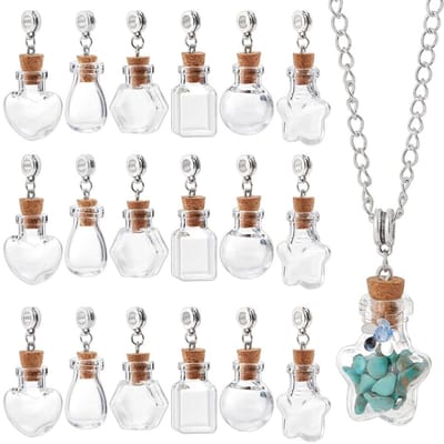 Dailygoods- Wensfles 18 Stuks - Mini Glazen Hangers - 6 Stijlen - Kurksluiting - Capaciteit 1-2,5 ml - Voor Doe-Het-Zelf Sieraden - Glazen Flesjes