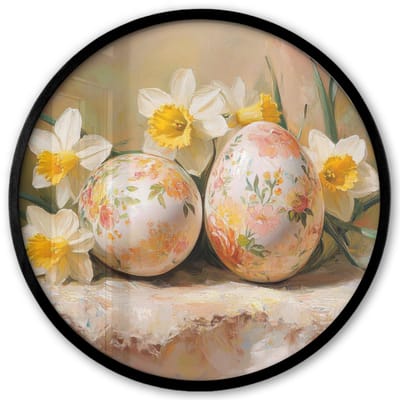 Poster in lijst Rond - Fotolijst 40x40 cm - Posters - Bloemen - Eieren - Geschilderd - Ronde posterlijst zwart - Decoratie - Wanddecoratie woonkamer - Muurdecoratie slaapkamer