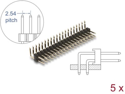 Delock Pin header 20 pin, pitch 2.54 mm, 2-row, angled, 5 pieces