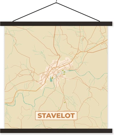 Posterhanger incl. Poster 60x60 cm - Schoolplaat - Stadskaart - Plattegrond - Vintage - Kaart - Stavelot - Textielposter - Zwarte latten - Stadskaart