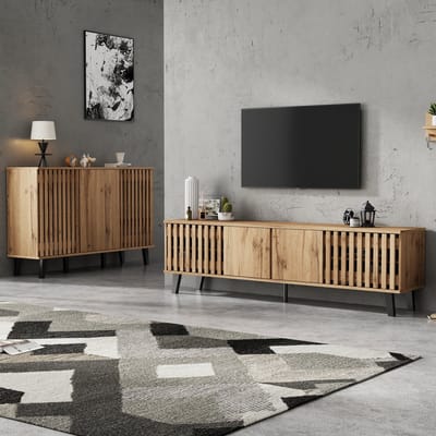 Meubelset - 180cm en 150cm - TV-meubel en Dressoir - 14 Handige Opbergvakken - Hout - Naturel
