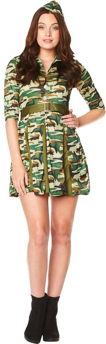 Karnival Costumes Leger Camouflage Kostuum Dames Carnavalskleding Dames Carnaval - Polyester - Maat XS - 3-Delig Hoed/Jurk/Riem