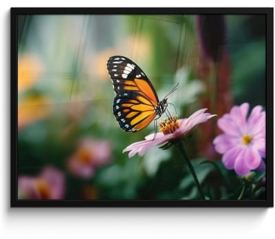Poster in lijst - Fotolijst 70x50 cm - Posters - Roze bloemen - Vlinder - Zachte focus - Posterlijst zwart - Decoratie - Wanddecoratie woonkamer - Muurdecoratie slaapkamer