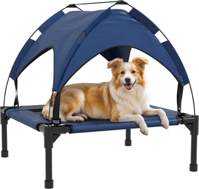 PawHut Erhöhtes Hundebett mit Baldachin, Haustierbett, Outdoor Hundeliege mit Dach, Atmungsaktiv, für kleine und mittelgroße Hunde Dunkelblau Oxford 76 x 61 x 69,5 cm