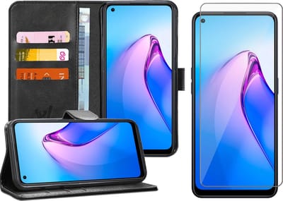 Hoesje geschikt voor Oppo Reno 8 - Screenprotector Glas - Portemonnee Book Case Zwart
