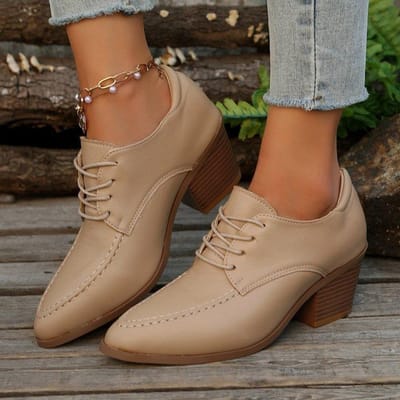 Trendy Zachte Leren Schoenen met Middelhoge Hak Riemen Dikke Hak Enkele Schoenen Vier Kleine Leren Schoenen Damesschoenen Groothandel 38 kaki