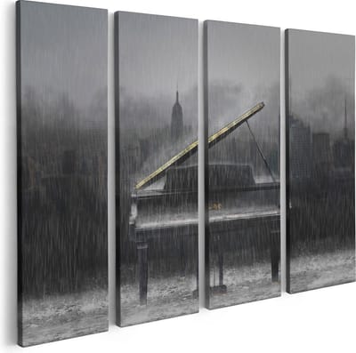 Artaza Canvas Schilderij Vierluik Piano in de Regen voor een Stad - 80x60 - Foto Op Canvas - Canvas Print