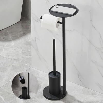 Toiletpapierhouder met opbergruimte en toiletborstel, 3-in-1 staande set van roestvrij staal, vervangrolhouder voor toilet en gastenbadkamer, duurzaam en stijlvol ontwerp