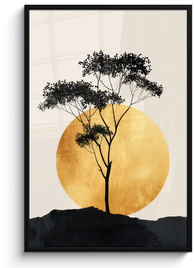 Poster in lijst - Fotolijst 80x120 cm - Posters - Zwarte boom - Gouden cirkel - Heuvel - Posterlijst zwart - Decoratie - Wanddecoratie woonkamer - Muurdecoratie slaapkamer