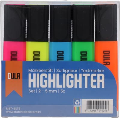 Markeerstiften gekleurd - Markeerstift - Fluostiften - Markeren - 5 kleuren - DULA