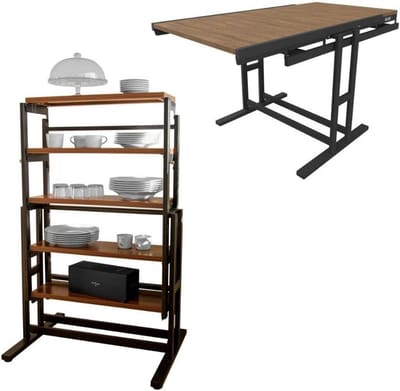 Modulaire tafel voor kleine ruimtes, om te zetten in plank, industriële stijl, walnootkleur