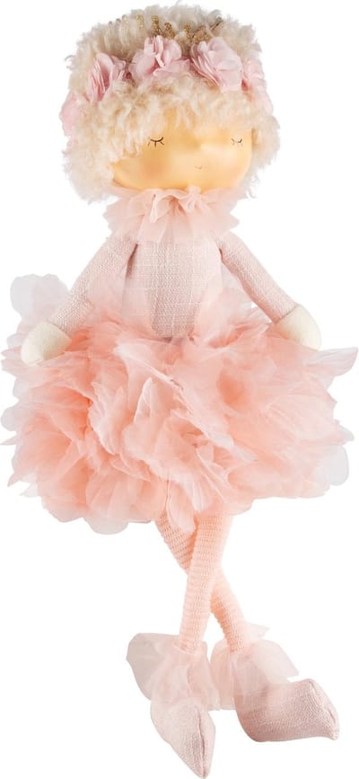 Dekoratief | Pop zittend m/roze jurk, stof/resina, 20x19x47cm | A240471