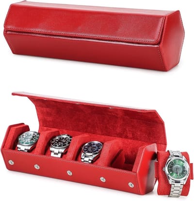 Luxe Horloge Box van Echt Saffiano Leer voor 4 Horloges, Beschermende Opbergdoos en Display Organizer voor Mannen in Rood