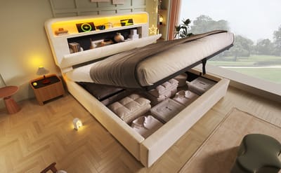 Eenpersoonsbed met zachte bekleding – afmetingen 180 x 200 cm – met in hoogte verstelbaar hoofdeinde met opbergruimte – hydraulisch bed met ledverlichting en USB/Type-C-oplaadstation – fluweel – beige – inclusief lattenbodem (zonder matras)