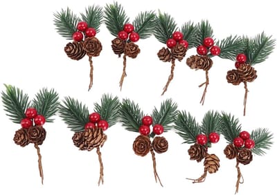Set van 10 Kerstdecoratie Picks met Bessen en Dennenappels, Delicate Ornamenten voor Winterse Sfeer en Feestelijke Versiering