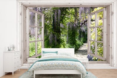 Behang - Fotobehang Blauwe regen - Bloemen - Doorkijk - Boom - Lente - Breedte 450 cm x hoogte 300 cm