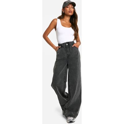 boohoo Dames Jean met elastische taille en acid wash | Acid Wash Gebleekt Zwart | Maat: 42