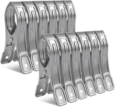 Set van 12 RVS Kleding- en Multifunctionele Klemmen, Sterke Veerklemmen 12 cm voor Tapijten, Dekens, Handdoeken, Canvas en Buitengebruik