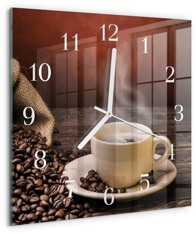 Tulup Wandklok - Koffie Wandklok Glas Decoratie - 30x30 cm - Bruin Gekleurde Glazen Klok - Witte Handen - Vierkante Wandklok - Gekleurde Glazen Klok - Glazen Klok Met Print