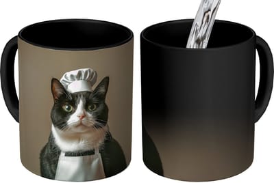 Magische Mok - Foto op Warmte Mokken - Koffiemok - Kat - Kokskleding - Zwart - Wit - Magic Mok - Beker - 350 ML - Theemok