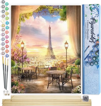 Figured'Art Schilderen op Nummer Volwassenen canvas Prachtig landschap van Parijs - Handwerk acrylverf Kit DIY Compleet - 40x50cm met DIY houten lijst