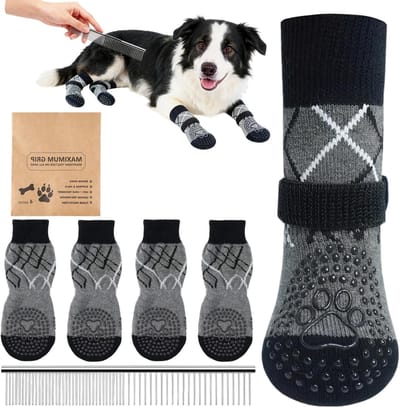 Set van 4 Antislip Hondensokken met Stalen Kam, Bescherming voor Pootjes, Waterdicht en Verstelbare Bandjes voor Warmte en Koude Bescherming