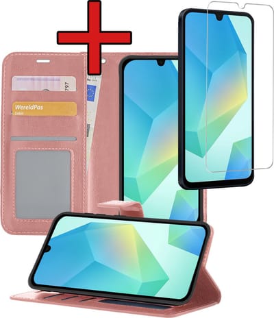 Hoesje - Met Screenprotector - Geschikt voor Samsung Galaxy A16 - Luxe Pasjeshouder - Flipcase - Bookcase Portemonee - Flip Case - Kunstleer Book Case - Book Cover - Walletcase - Portemonneehoes - Telefoonhoes - Rosé goud