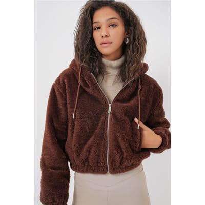 Korte Pluche Zip-Front Hoodie