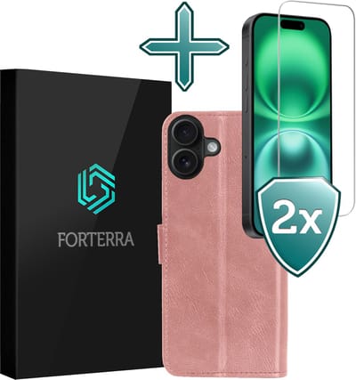 Hoesje Met 2x Screenprotector - Geschikt voor Apple iPhone 16 - Luxe Pasjeshouder - Flip Case - Bookcase Portemonee - Kunstleer Book Case - Flipcase Hoes - Book Cover - Walletcase - Portemonneehoes - Rosé goud