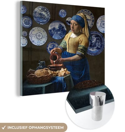 MuchoWow® Glasschilderij 50x50 cm - Schilderij acrylglas - Melkmeisje - Meisje met de parel - Vermeer - Foto op glas - Schilderijen