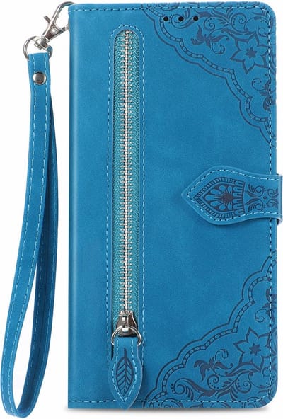 Telefoonhoesje geschikt voor de Samsung Galaxy A16 / A17 / A26 - Portemonnee met rits - book-case hoesje - ruimte voor 7 pasjes - mandala bloemen blauw