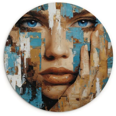 WallCircle® Wandcirkel 120x120 cm - Muurcirkel Abstract - Penseelstreken - Blauw - Gezicht - Muurdecoratie woonkamer - Wanddecoratie slaapkamer - Kamer decoratie accessoires - Ronde schilderijen XXL