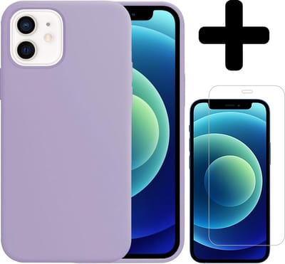Hoesje - Met Screenprotector - Geschikt voor Apple iPhone 12 - Sterk & Shockproof - Telefoon Hoes - Back Cover - Siliconen Case - Telefoonhoes - Lila