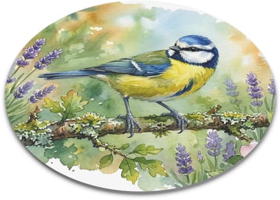 Ronde Muismat "Aquarel Series" Pimpelmees in Lente Decor - Lief & Vrolijk Tuinvogel Cadeau met Planten voor haar: Vrouw, Vriendin & Collega - Decoratieve Computermuis Mat - Bureau Accessoire voor Thuiswerkplek & Kantoor Vogelprint Artikel