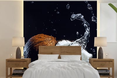 Behang - Fotobehang Kokosnoot - Stilleven - Water - Zwart - Fruit - Breedte 240 cm x hoogte 240 cm