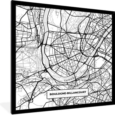 Fotolijst incl. Poster Zwart Wit- Frankrijk - Kaart - Plattegrond - Boulogne-Billancourt - Stadskaart - Zwart wit - 40x40 cm - Posterlijst