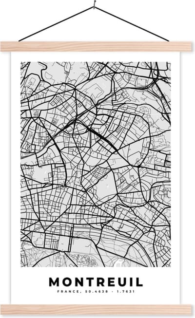 Posterhanger incl. Poster 40x60 cm - Schoolplaat - Stadskaart - Frankrijk - Kaart - Montreuil - Plattegrond - Textielposter - Blanke latten - Stadskaart
