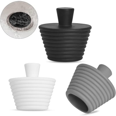 3-pack siliconen afvoerplug, gootsteen, universele afvoerplug voor gootsteen, badkuip, afvoer, keuken, afvoerplug 4,5 x 2,9 cm (zwart, wit, grijs)