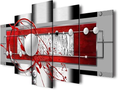 Abstract Canvas Schilderij - Wanddecoratie Set - Woonkamer Decoratie - HD Giclee Print - 5 Delig 20x50cm - Rood Zwart Grijs
