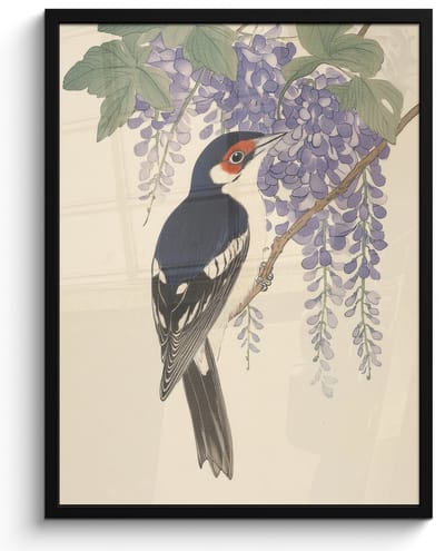 Poster in lijst - Fotolijst 50x70 cm - Posters - Specht - Bloemen - Paars - Posterlijst zwart - Decoratie - Wanddecoratie woonkamer - Muurdecoratie slaapkamer