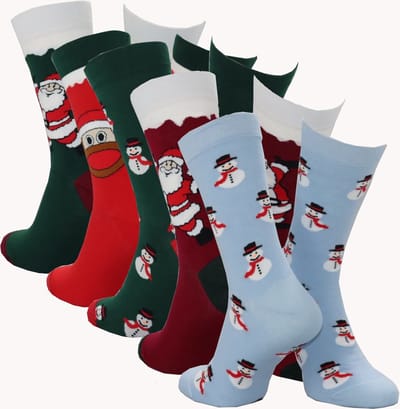 WeirdoSox kerstsokken - 5 paar - Rendier, Kerstman rood/groen en Sneeuwpop blauw/groen - Dames en Heren - Zonder voelbare teennaad - Maat 39-42